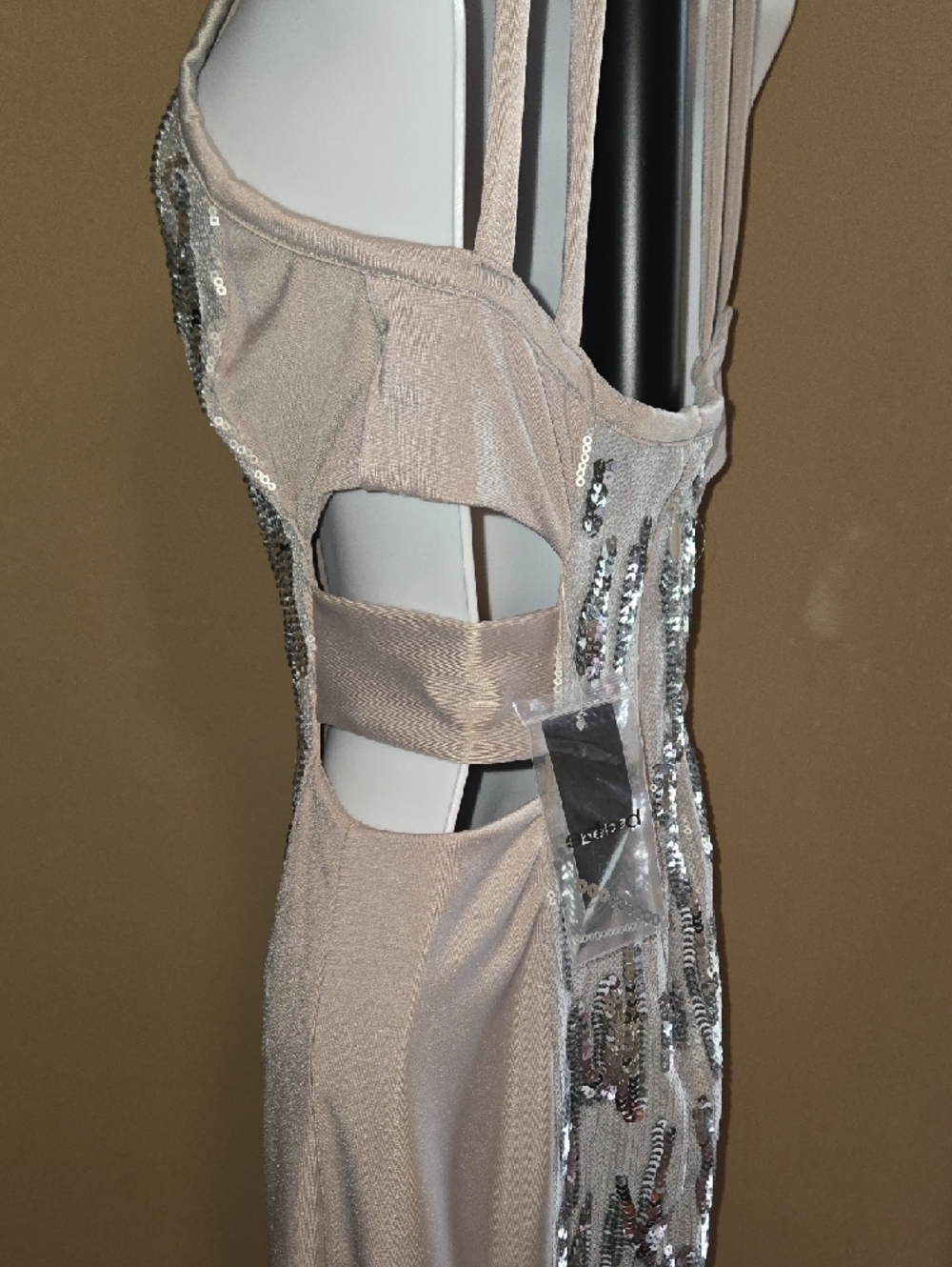 bebe Grey & Silver Sequin  Mini Dress Cut-Out Side & Strappy Back - Picture 11 of 12